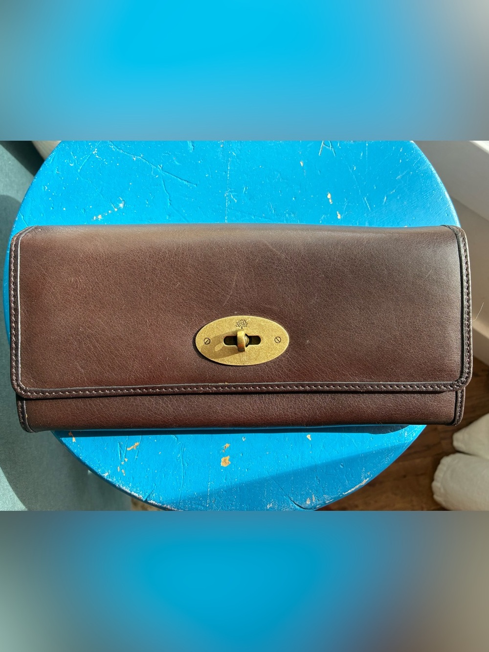 Mulberry Brown Leather Travel Wallet with Brass Turn-Lock